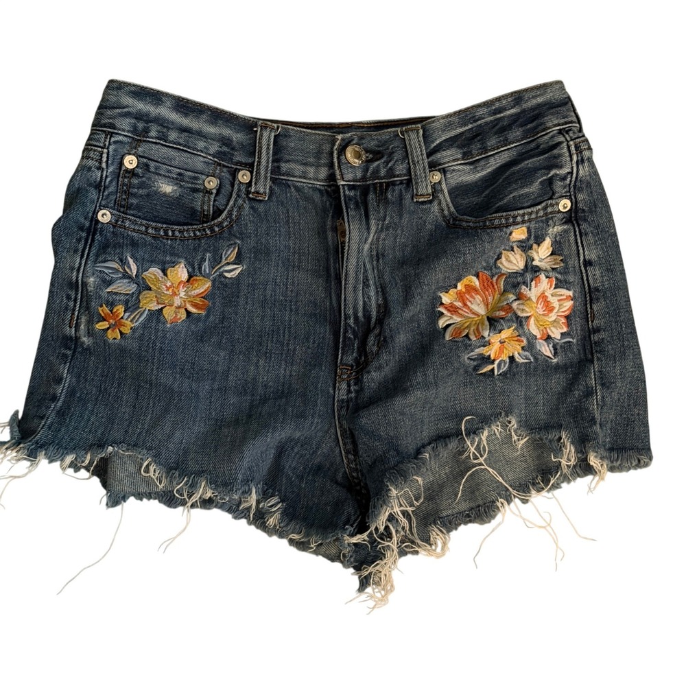 American‎ Eagle Denim Shorts Womens 6 Blue Excellent Floral Embroidered Cut Off